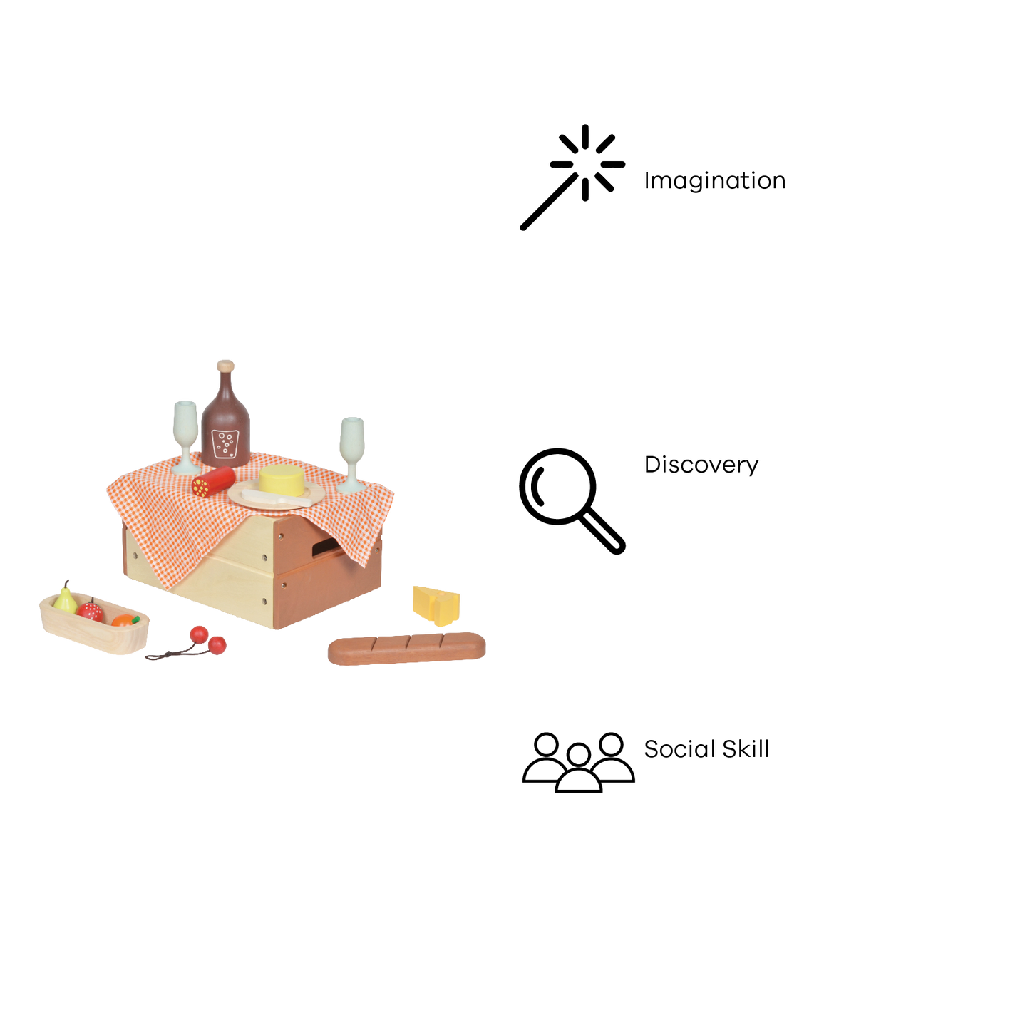 A wooden toy kitchen set with a table, checkered tablecloth, pretend food items, and two glasses.