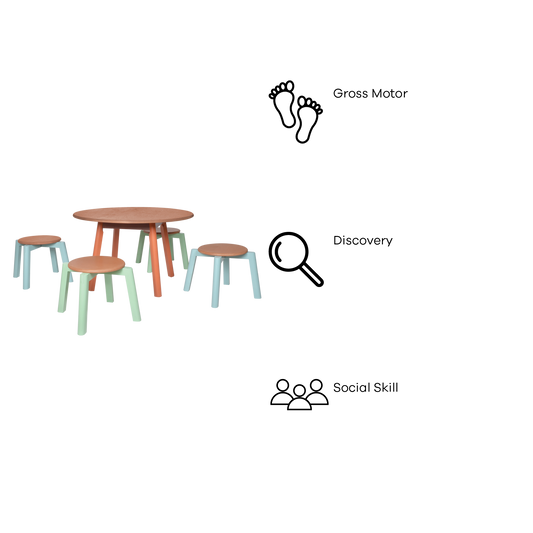 COLORED SOLID PLAY TABLE AND STOOLS