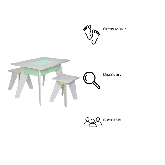 COLORED PLYWOOD PLAY TABLE AND STOOLS