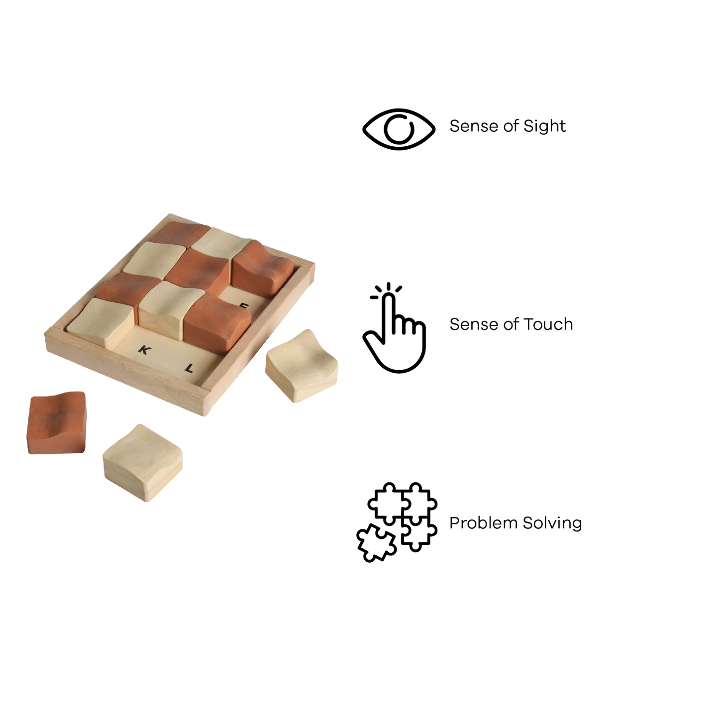 A wooden tile puzzle with brown and beige pieces, some pieces are arranged in a pattern while others are off to the side.