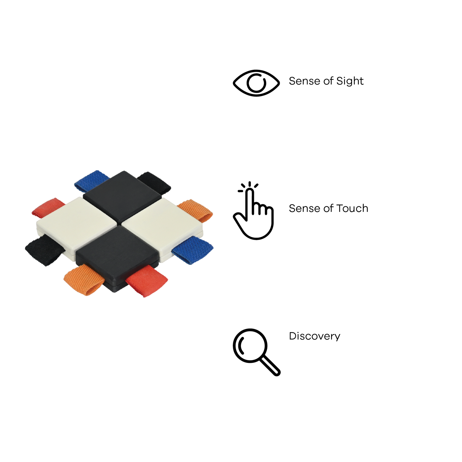 A set of multicolored checker tiles with looped ribbons, designed for infant sensory development.
