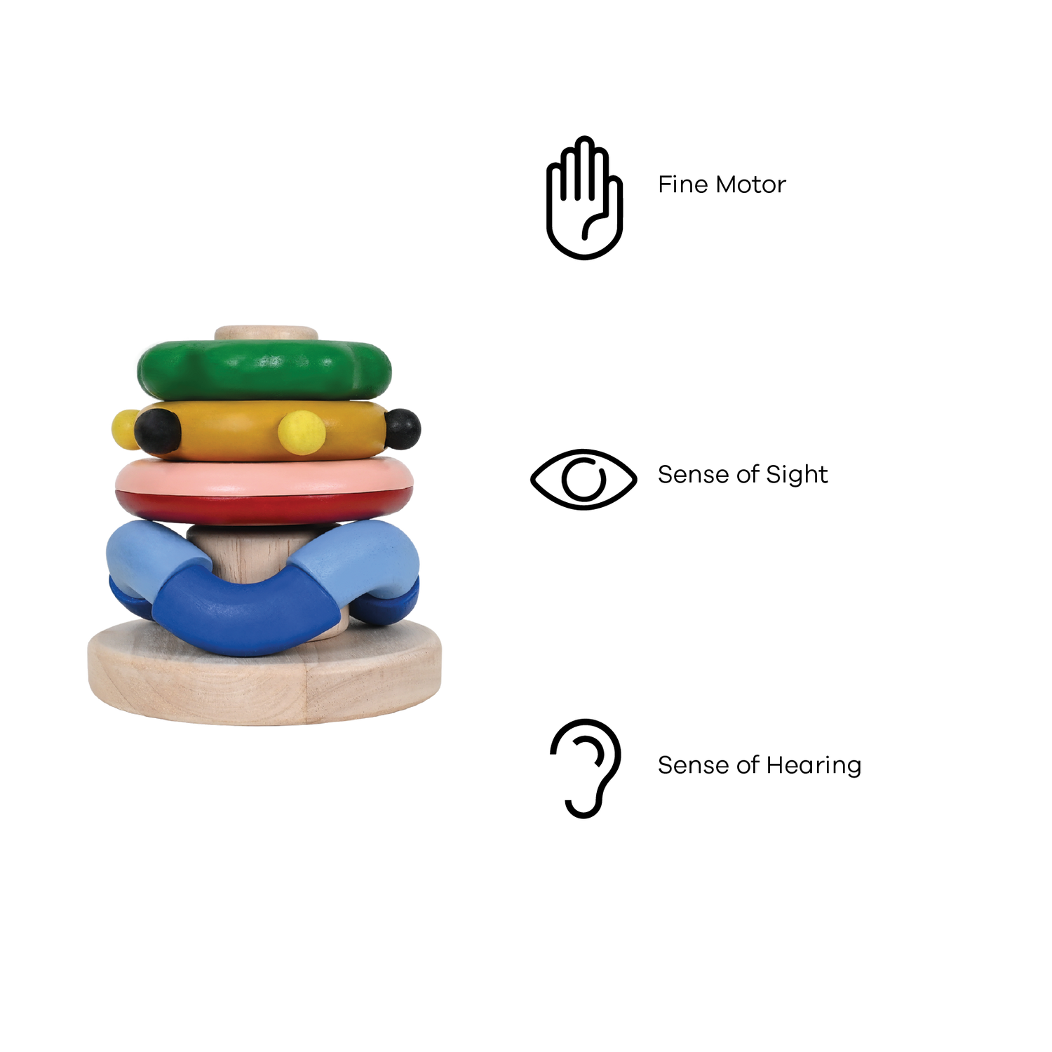 A set of four wooden stacker rings of different sizes with a sensory feature of sound, touch, and texture, designed for baby's grip.
