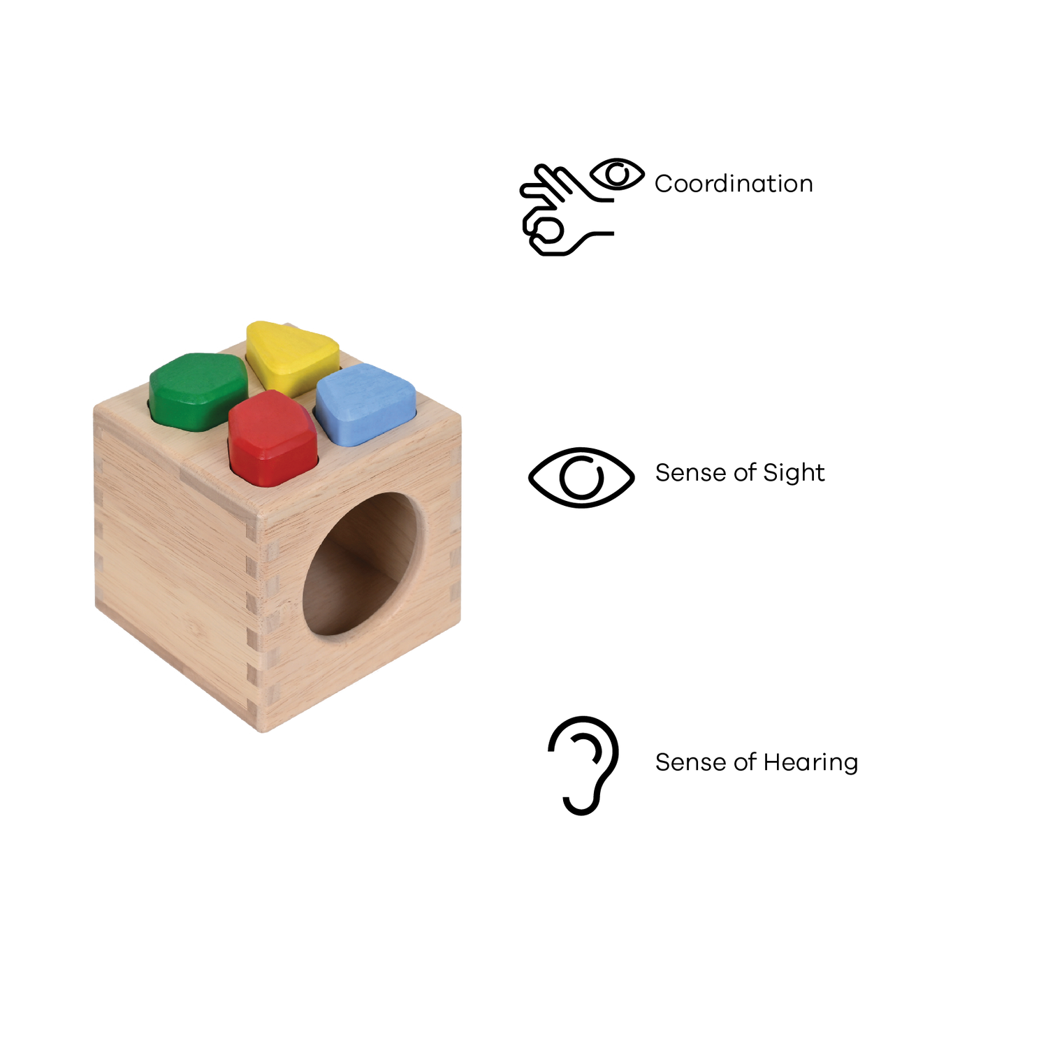 A wooden sound stones sorter box with four colorful irregular shaped pieces inside.