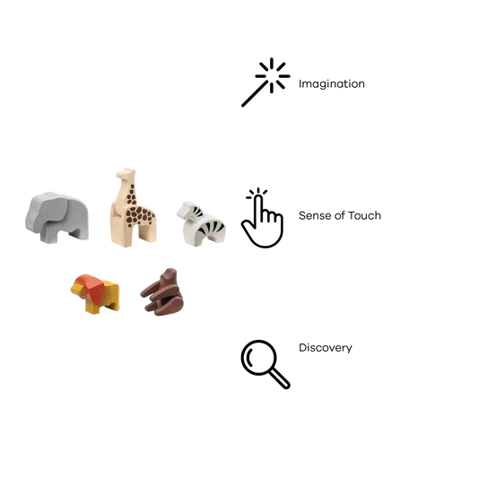A set of toy safari animals including an elephant, giraffe, zebra, lion, and a gorilla.