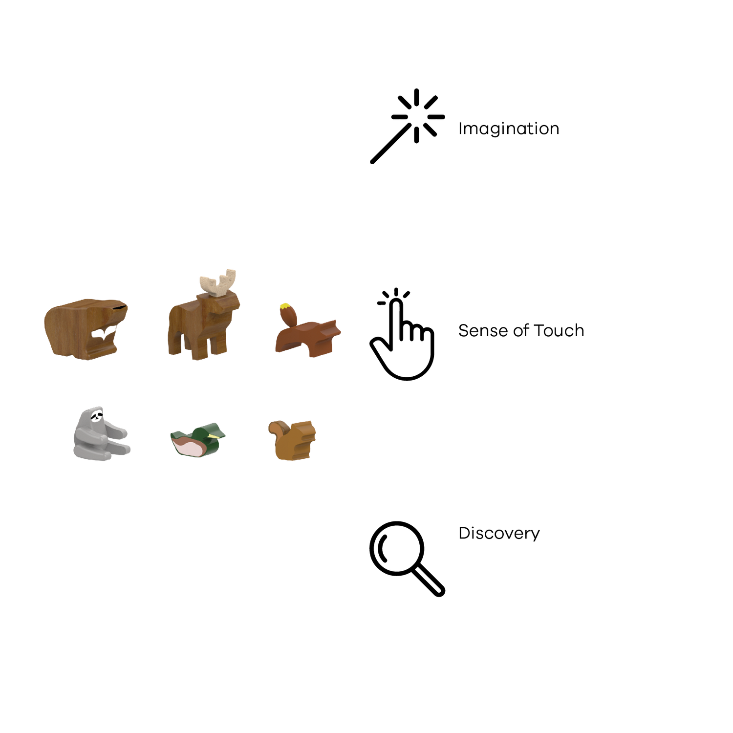 A collection of wooden animal figures including a bear, deer, fox, squirrel, sloth, and a duck.