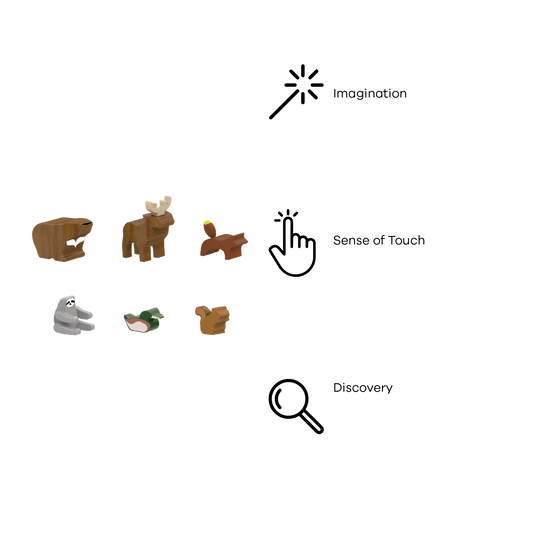 A collection of wooden animal figures including a bear, deer, fox, squirrel, sloth, and a duck.