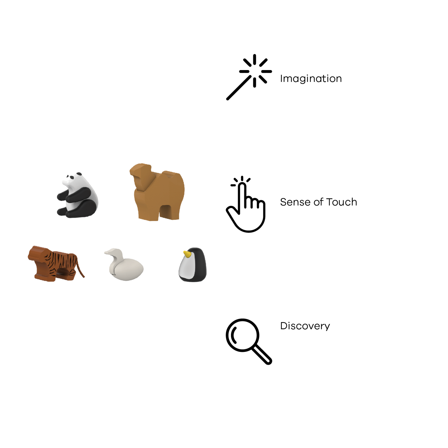 Set of five wooden zoo animal figures, including a panda, camel, swan, tiger, and penguin, in various colors and sizes.