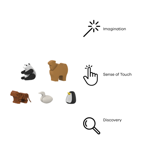 Set of five wooden zoo animal figures, including a panda, camel, swan, tiger, and penguin, in various colors and sizes.