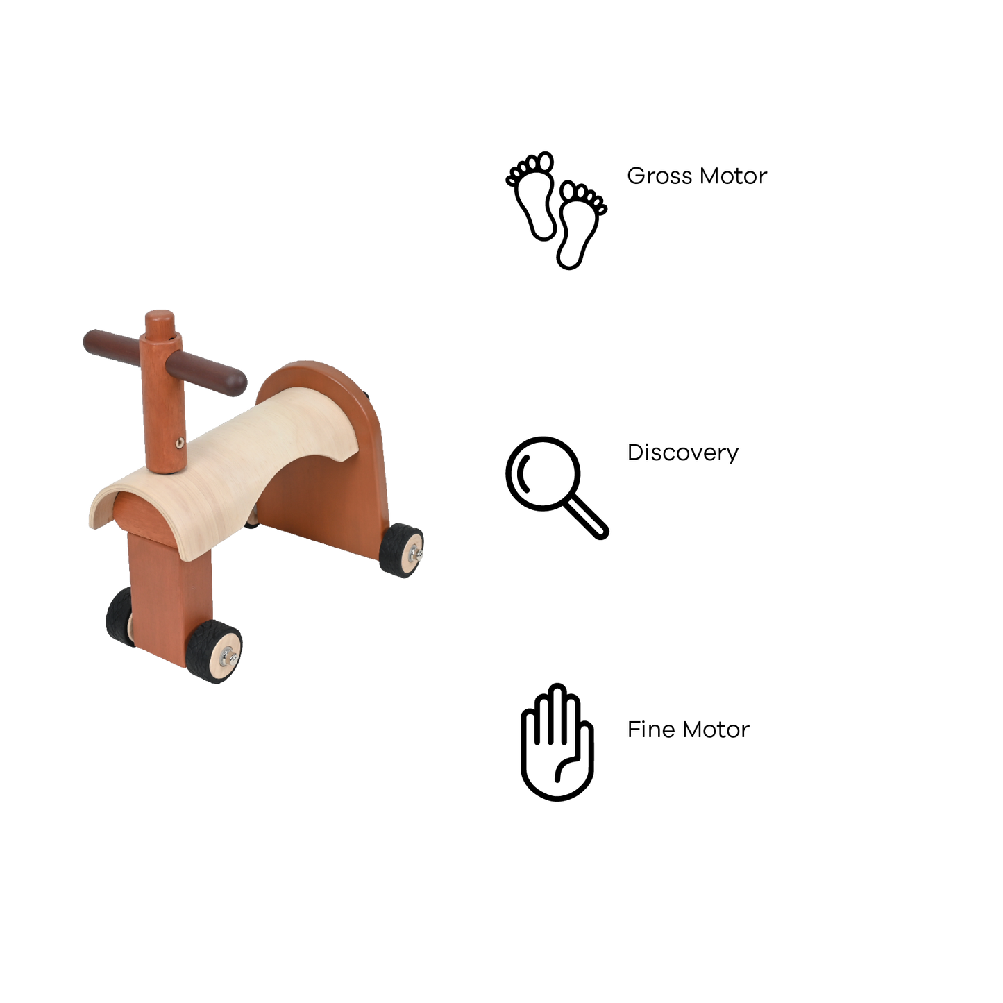 A wooden mini ride-on toy with a natural finish, featuring a seat and a steering wheel, mounted on wheels.