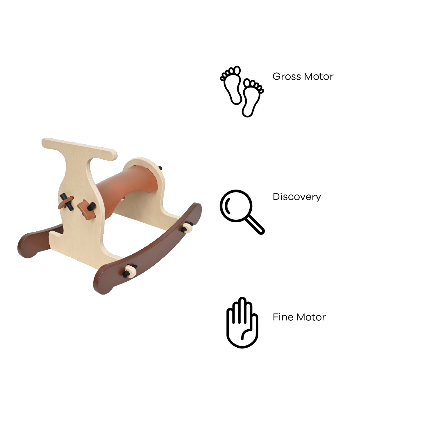 A natural brown wooden rocking toy, designed for toddlers