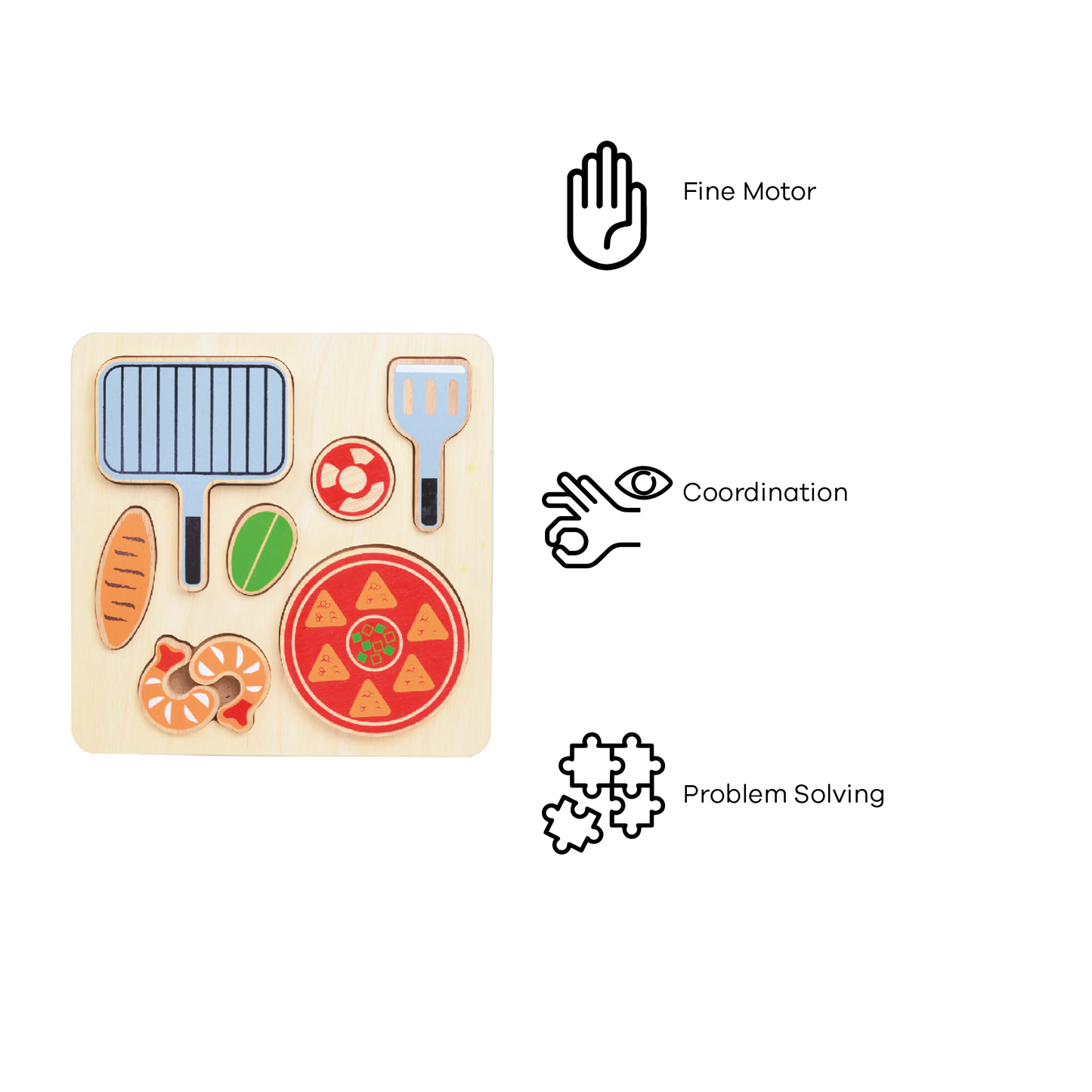 A wooden shape sorting toy representing various items of Mexican food such as a burrito, a cactus, and a taco, designed for young children.