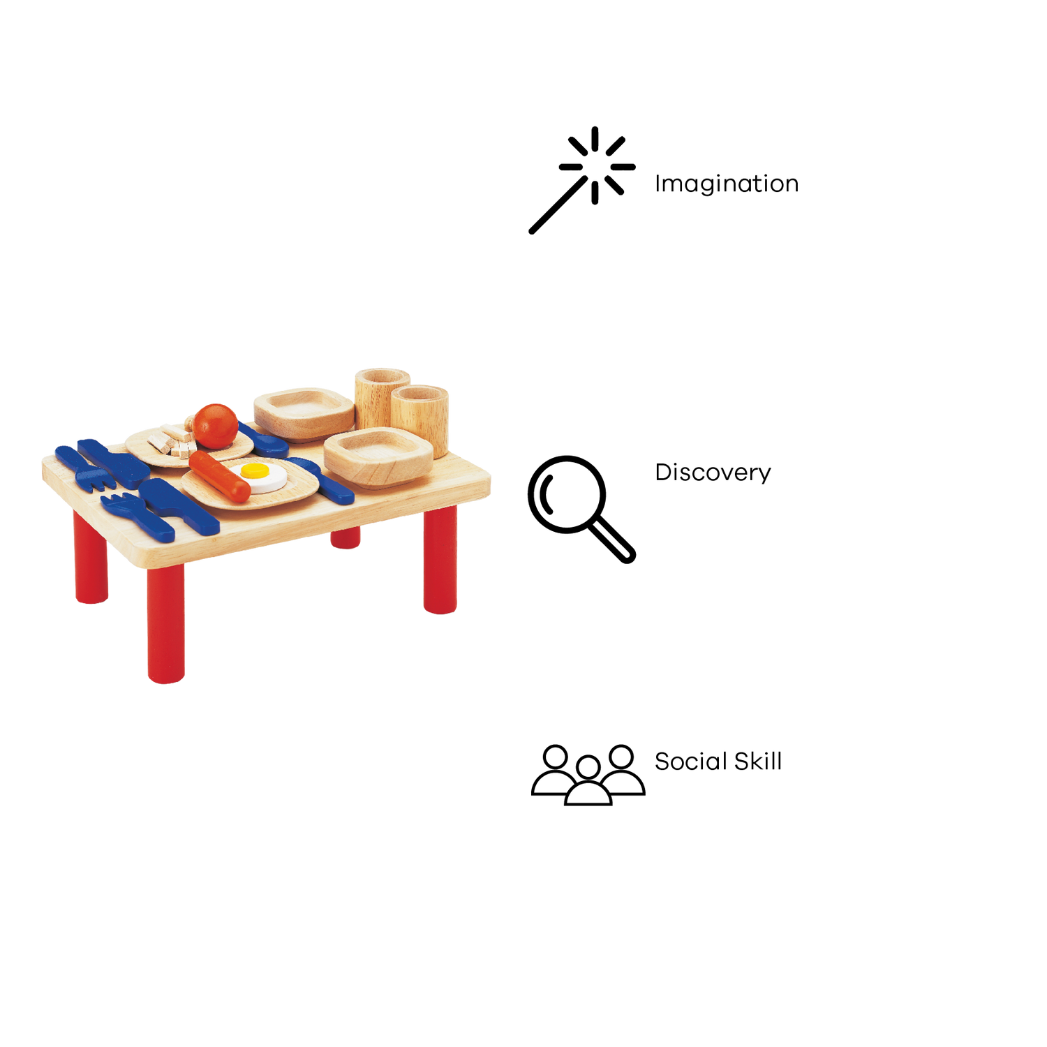 Includes a portable dining table set with foods, plates, spoons, forks, knives, cups, and bowls for pretend play.
