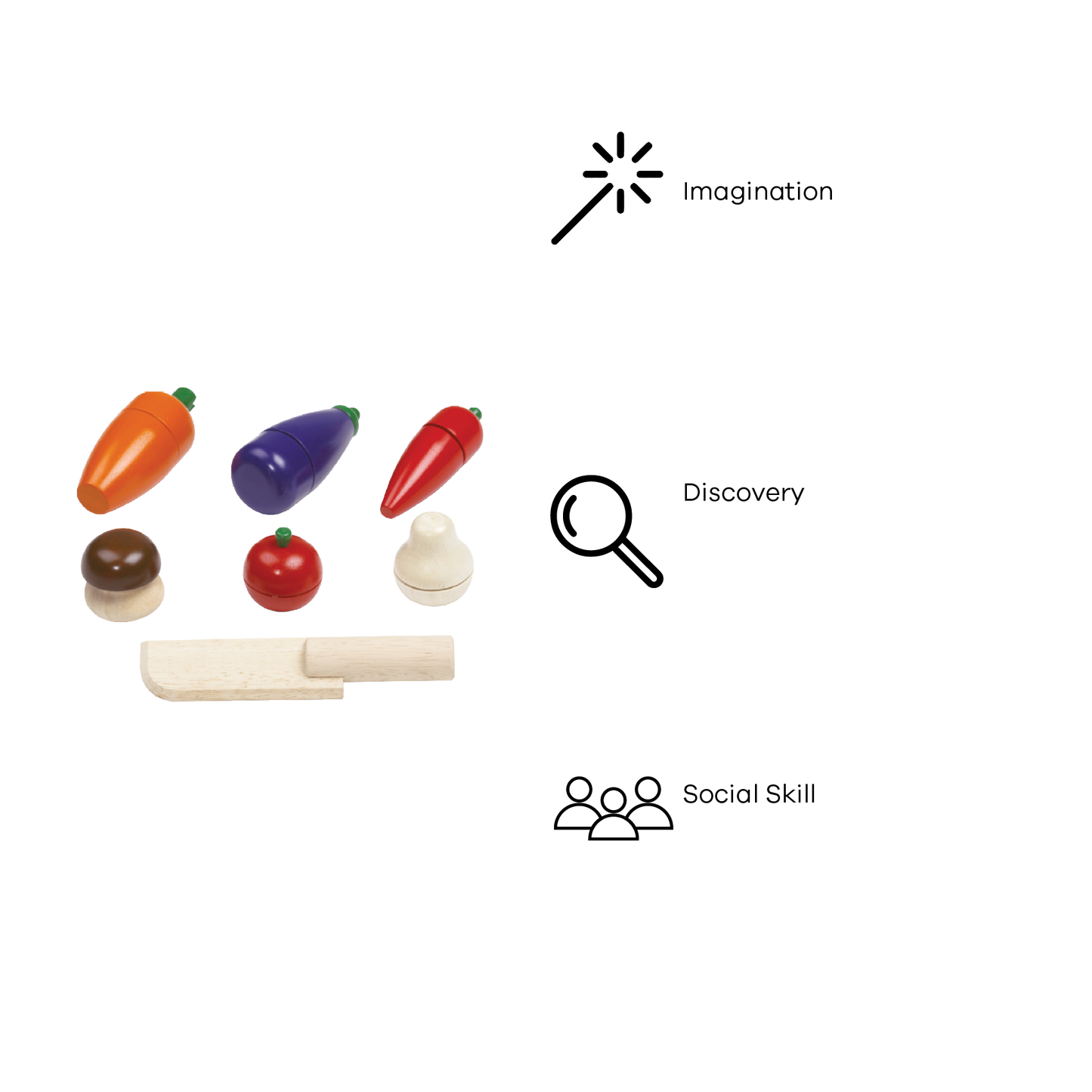 A set of wooden vegetables in different colors including orange, purple, red, brown, and white, with a wooden knife. Each vegetable is attached to a wooden stick.