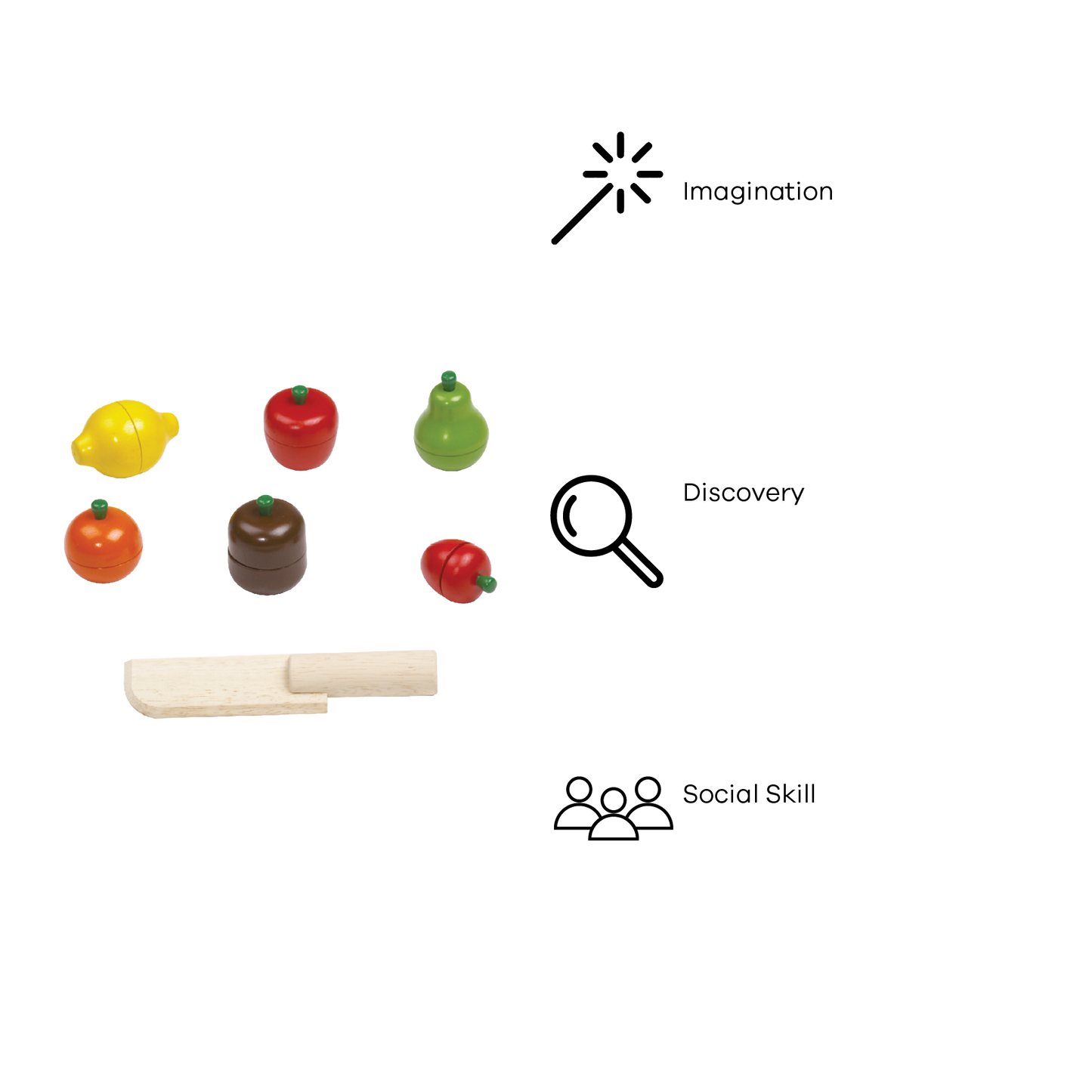 A set of plastic toy fruits including a yellow apple, red apple, green pear, orange, and two tomatoes, accompanied by a white cutting board and a toy knife.
