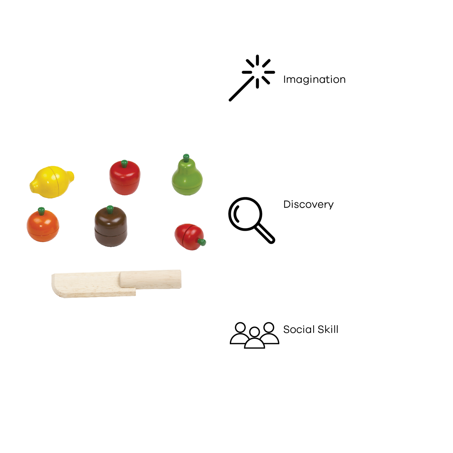 A set of plastic toy fruits including a yellow apple, red apple, green pear, orange, and two tomatoes, accompanied by a white cutting board and a toy knife.