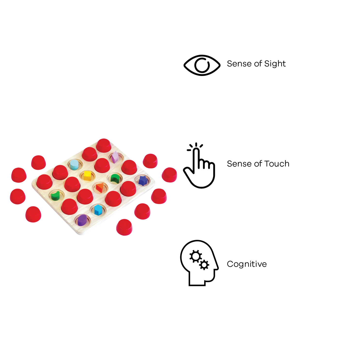 Colorful beads with caps, arranged so identical pairs are never in the same place, promoting shape recognition and memory skills.