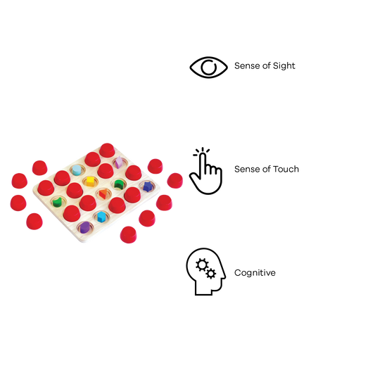 Colorful beads with caps, arranged so identical pairs are never in the same place, promoting shape recognition and memory skills.