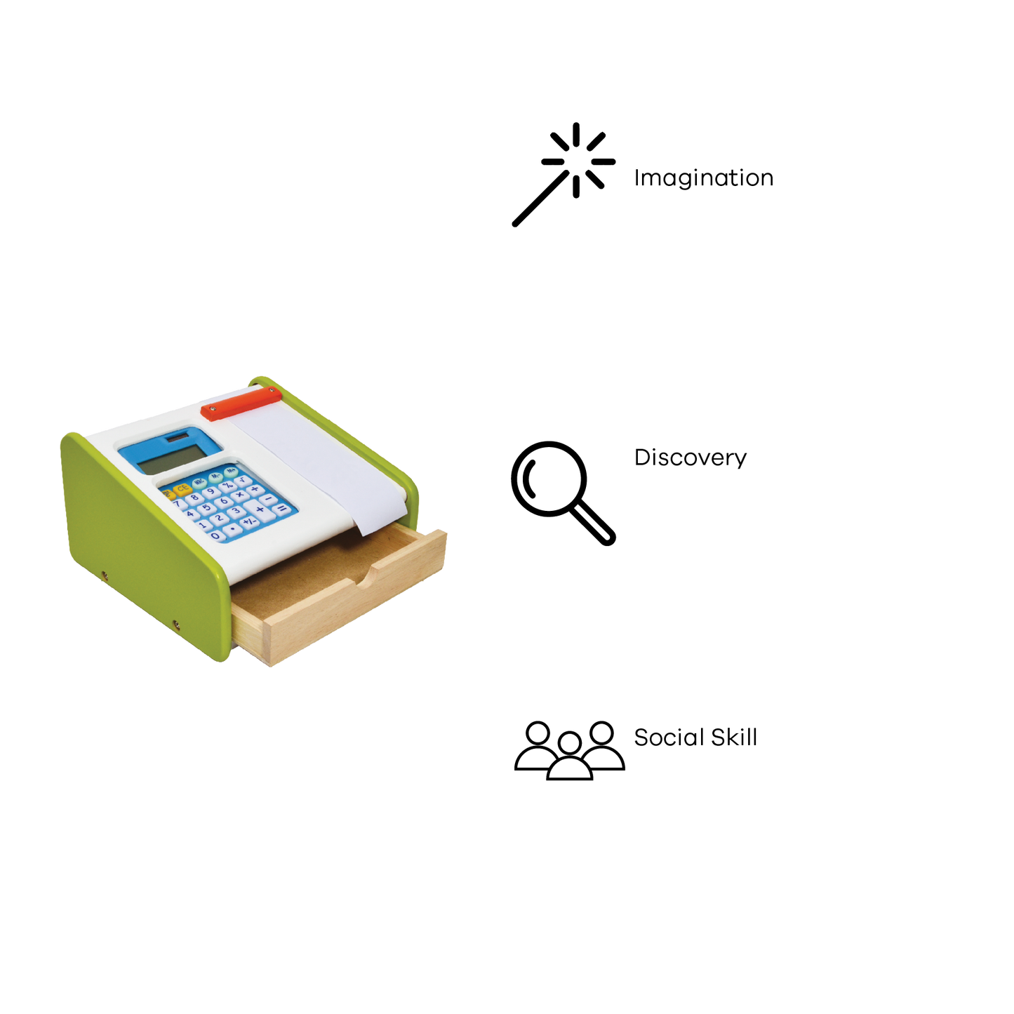 A toy cash register with a green body, white drawers, and a working solar calculator. Paper roll is partially unwound from the machine.