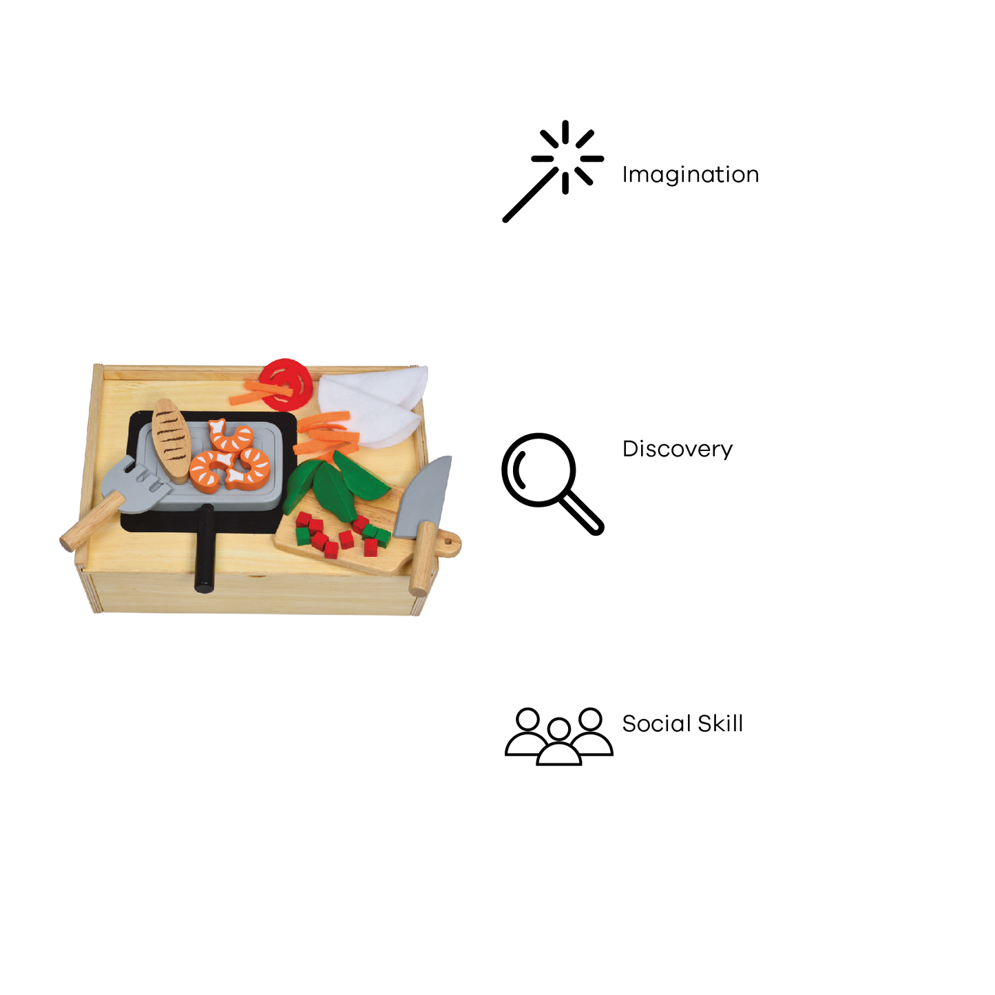Children's toy kitchen set featuring a wooden cutting board, knives, and various pretend food items.