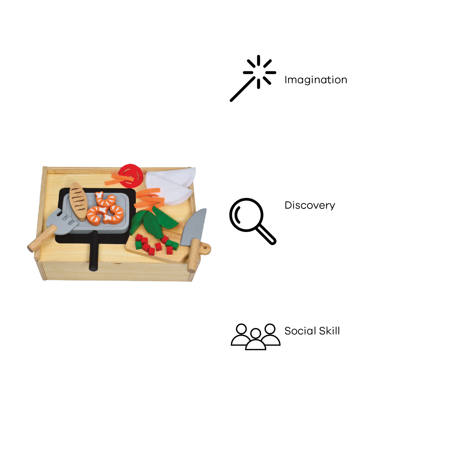 Children's toy kitchen set featuring a wooden cutting board, knives, and various pretend food items.