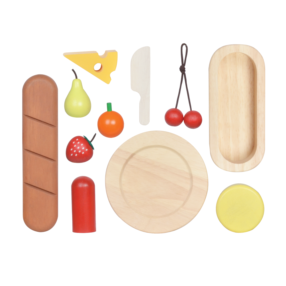 A wooden toy kitchen set with a table, checkered tablecloth, pretend food items, and two glasses.