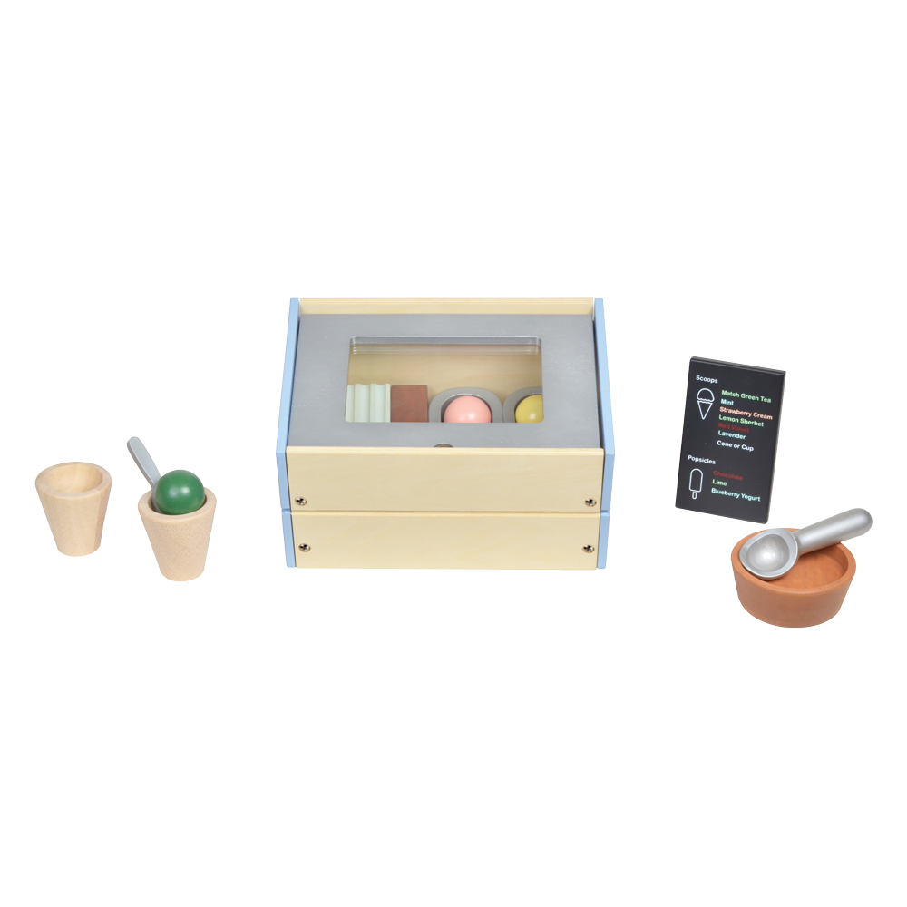 A toy ice cream shop set with various pretend ice cream cones and popsicles in different colors.