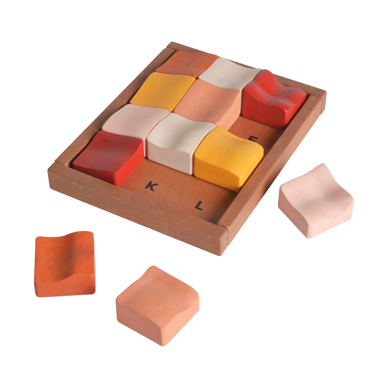 A set of multicolored square tiles with a wooden board, designed as a puzzle with the letters 'K' and 'L' on the board edges.
