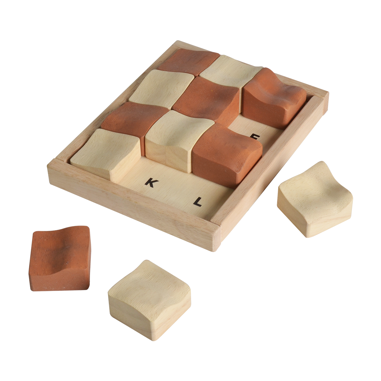 A wooden tile puzzle with brown and beige pieces, some pieces are arranged in a pattern while others are off to the side.