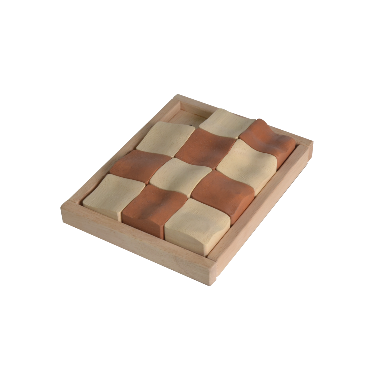 A wooden tile puzzle with brown and beige pieces, some pieces are arranged in a pattern while others are off to the side.
