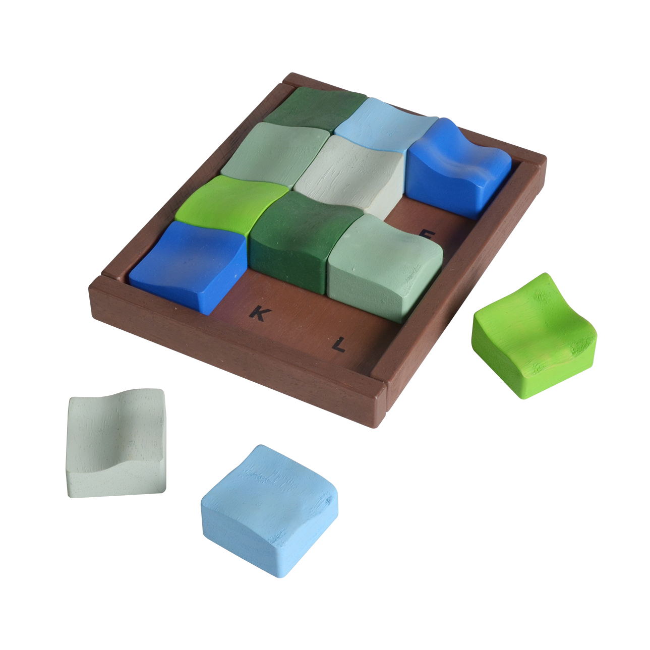 A set of multicolored square tiles with a wooden board, designed as a puzzle with the letters 'K' and 'L' on the board edges.