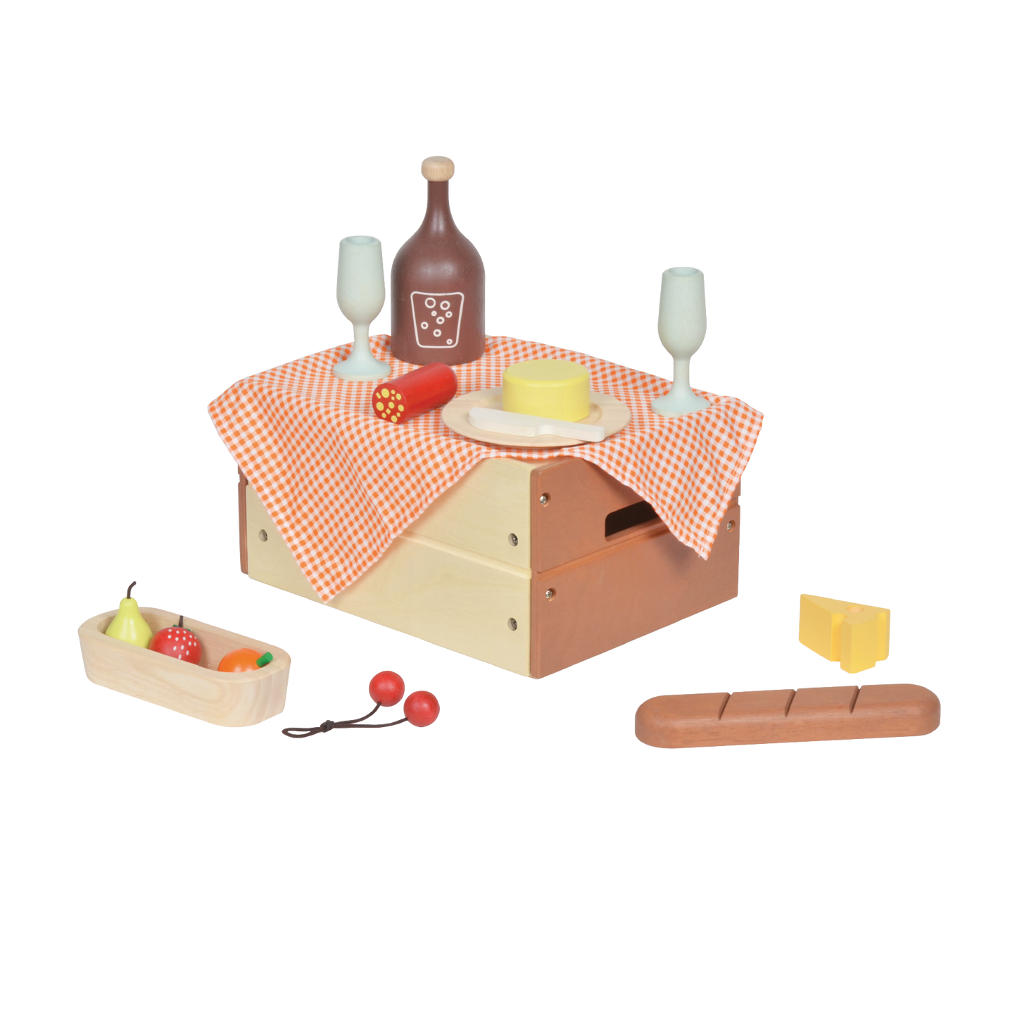 A wooden toy kitchen set with a table, checkered tablecloth, pretend food items, and two glasses.