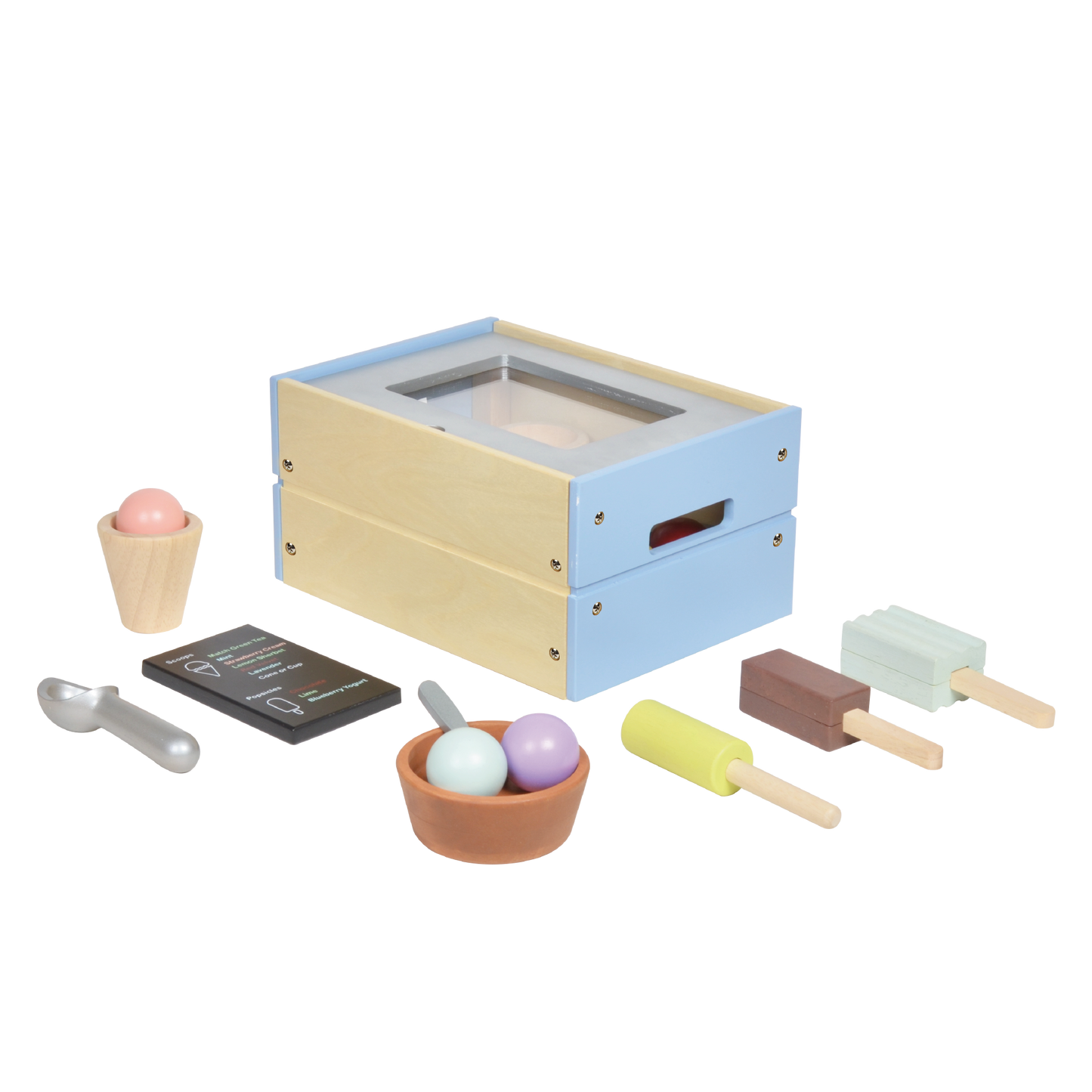 A toy ice cream shop set with various pretend ice cream cones and popsicles in different colors.