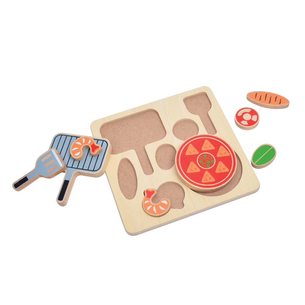 A wooden shape sorting toy representing various items of Mexican food such as a burrito, a cactus, and a taco, designed for young children.