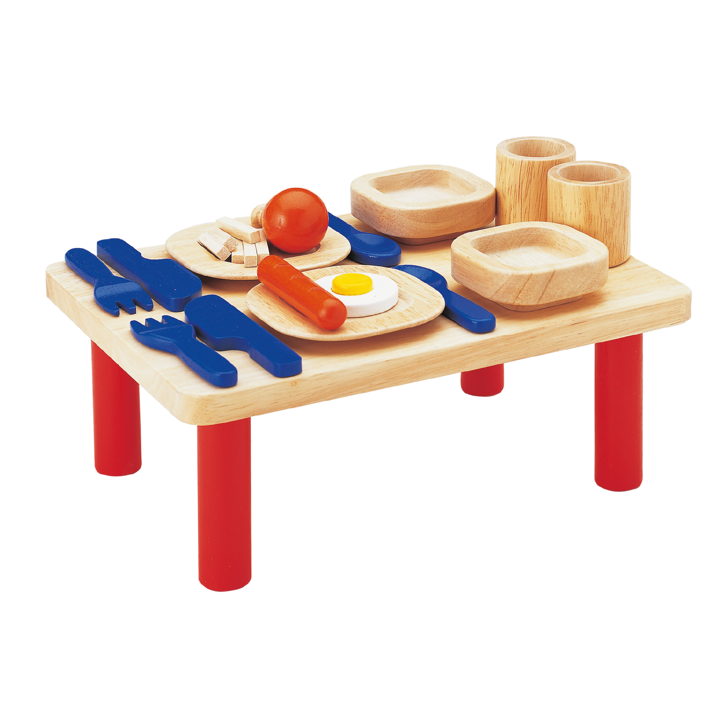 Includes a portable dining table set with foods, plates, spoons, forks, knives, cups, and bowls for pretend play.