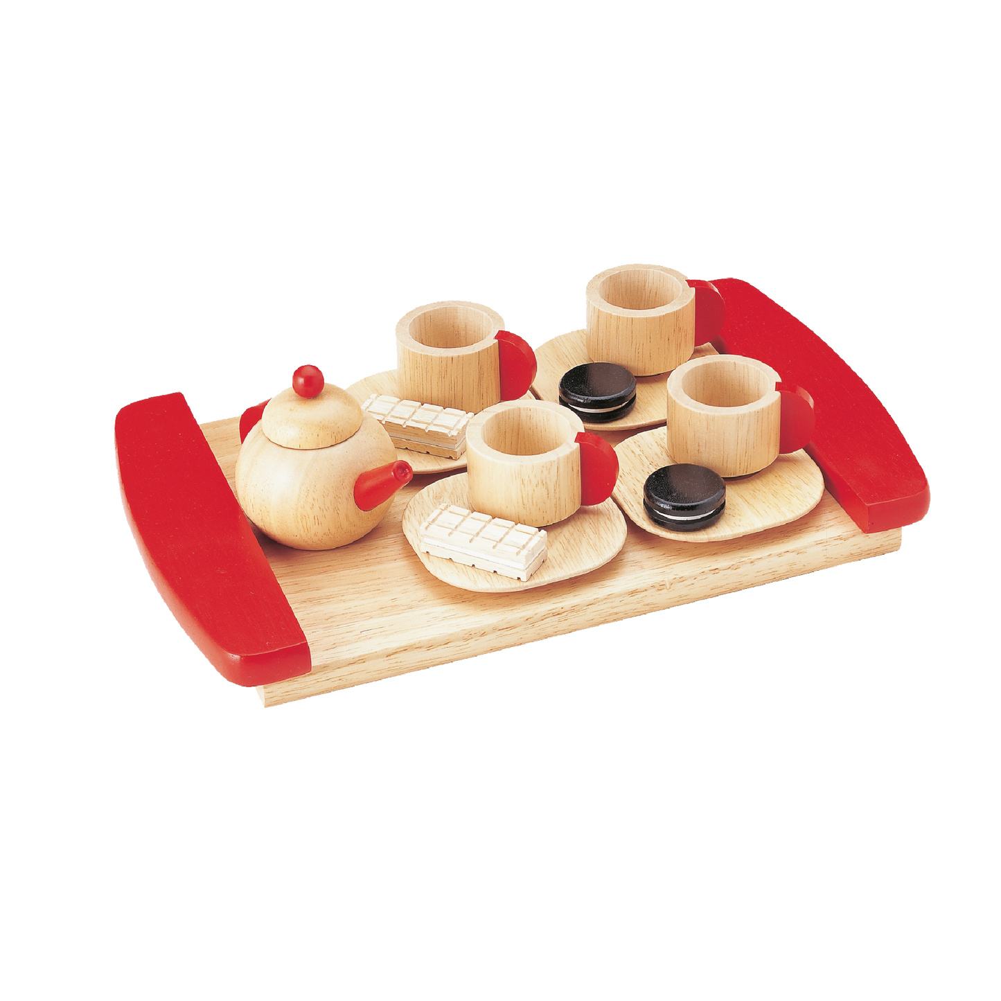 Wooden serving tray set with a tea pot, cups, and biscuits designed for children's pretend play.
