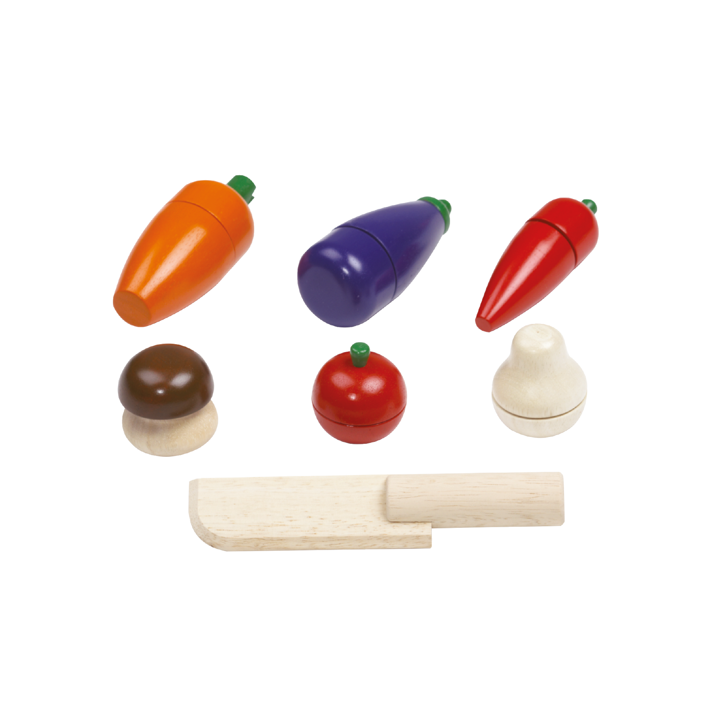 A set of wooden vegetables in different colors including orange, purple, red, brown, and white, with a wooden knife. Each vegetable is attached to a wooden stick.