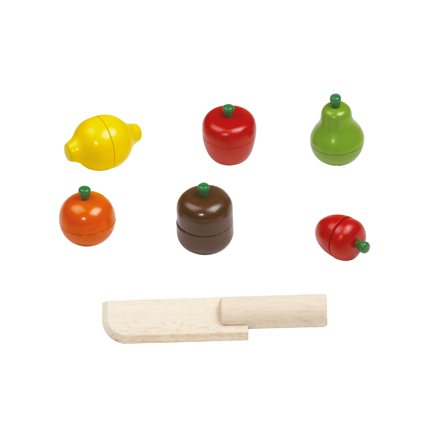 A set of plastic toy fruits including a yellow apple, red apple, green pear, orange, and two tomatoes, accompanied by a white cutting board and a toy knife.
