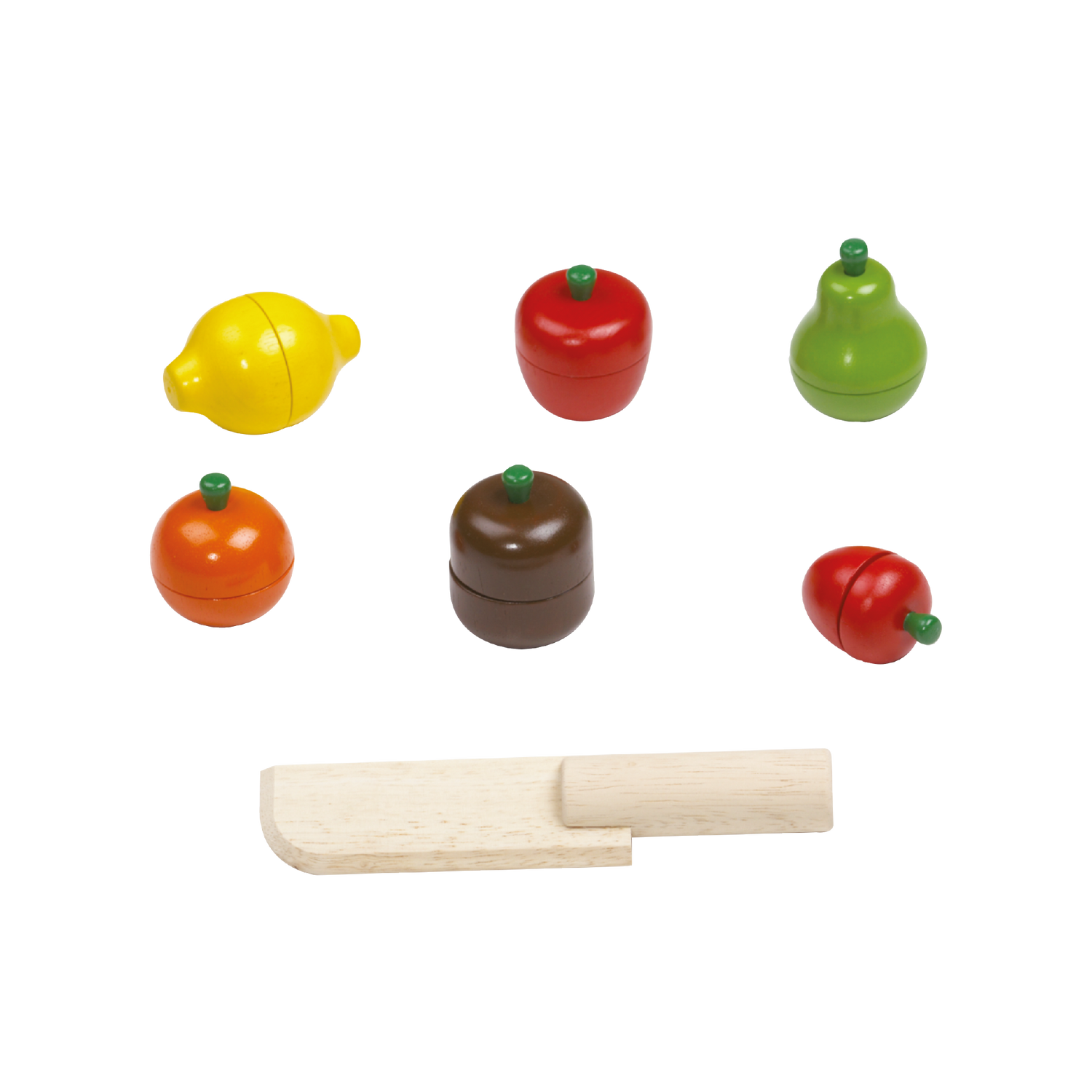 A set of plastic toy fruits including a yellow apple, red apple, green pear, orange, and two tomatoes, accompanied by a white cutting board and a toy knife.