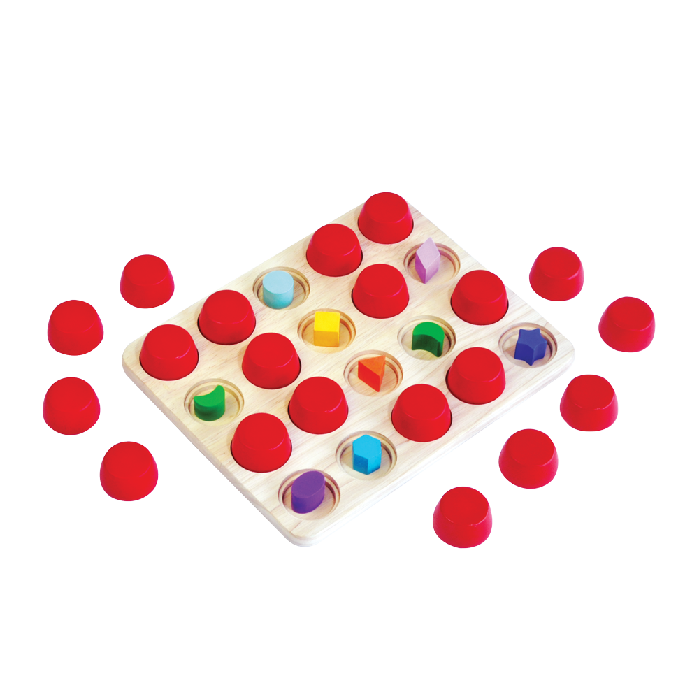 Colorful beads with caps, arranged so identical pairs are never in the same place, promoting shape recognition and memory skills.