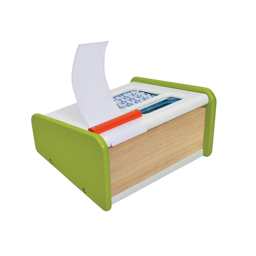 A toy cash register with a green body, white drawers, and a working solar calculator. Paper roll is partially unwound from the machine.