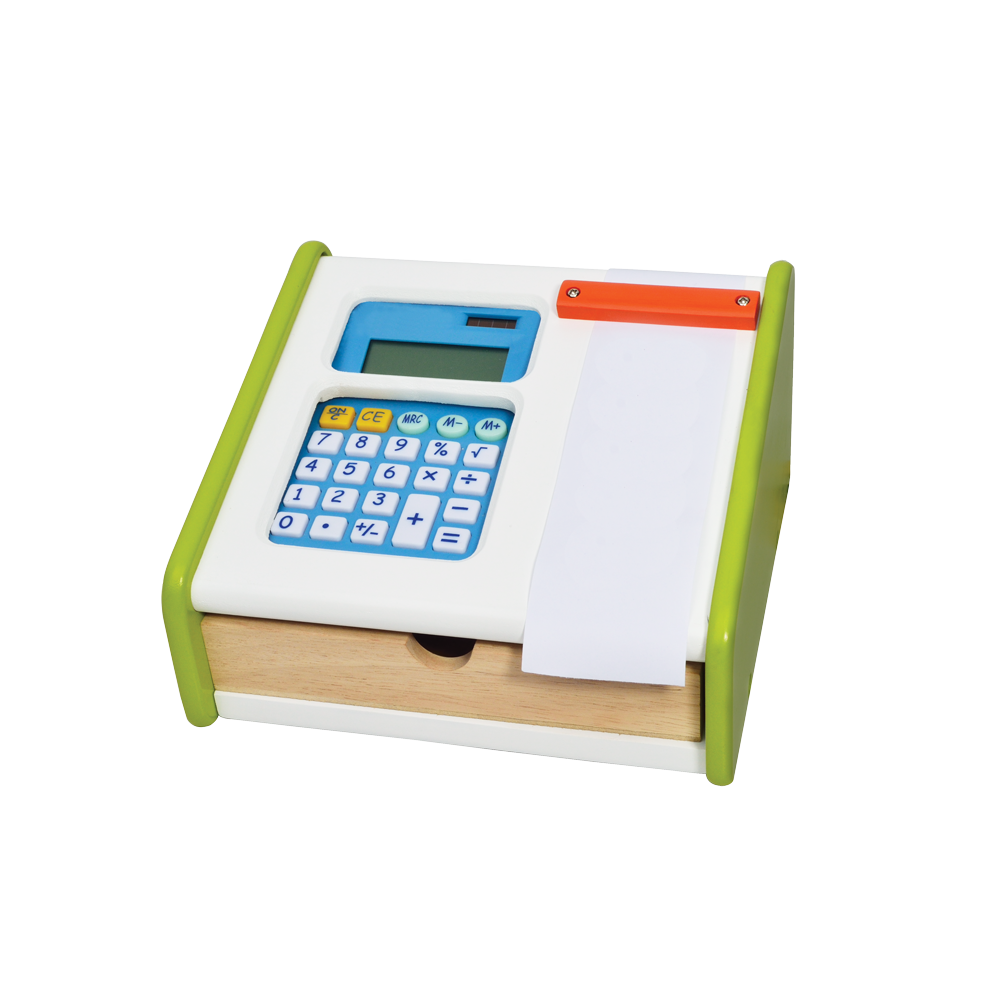 A toy cash register with a green body, white drawers, and a working solar calculator. Paper roll is partially unwound from the machine.