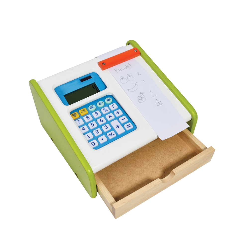A toy cash register with a green body, white drawers, and a working solar calculator. Paper roll is partially unwound from the machine.