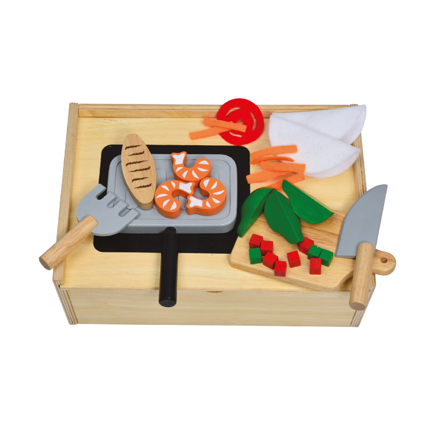Children's toy kitchen set featuring a wooden cutting board, knives, and various pretend food items.