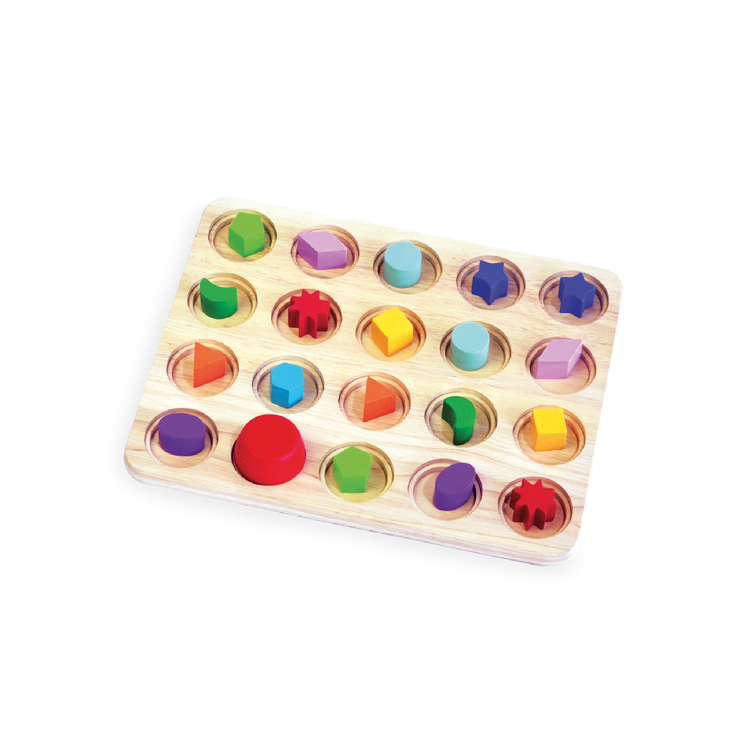 Colorful beads with caps, arranged so identical pairs are never in the same place, promoting shape recognition and memory skills.