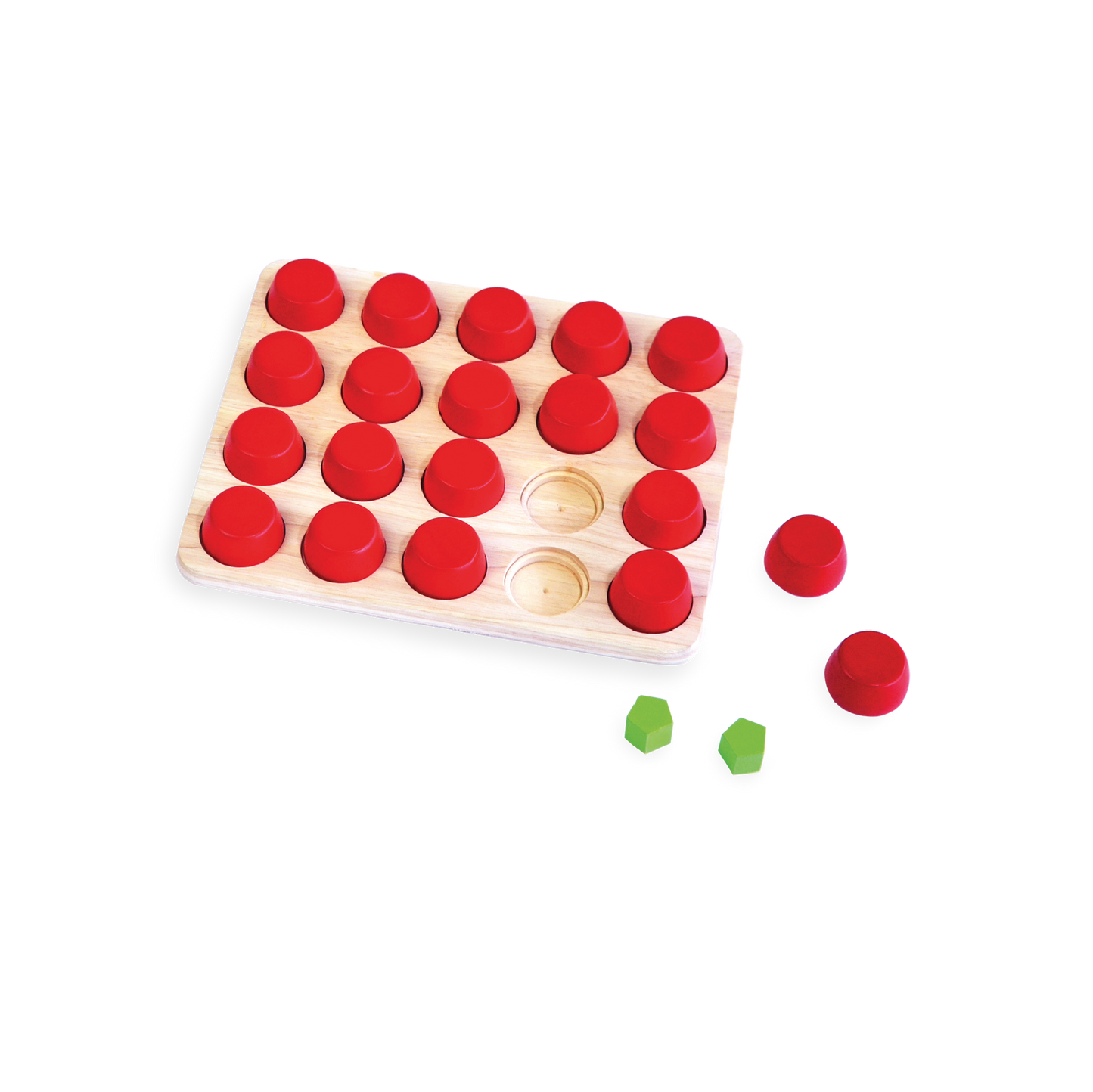 Colorful beads with caps, arranged so identical pairs are never in the same place, promoting shape recognition and memory skills.