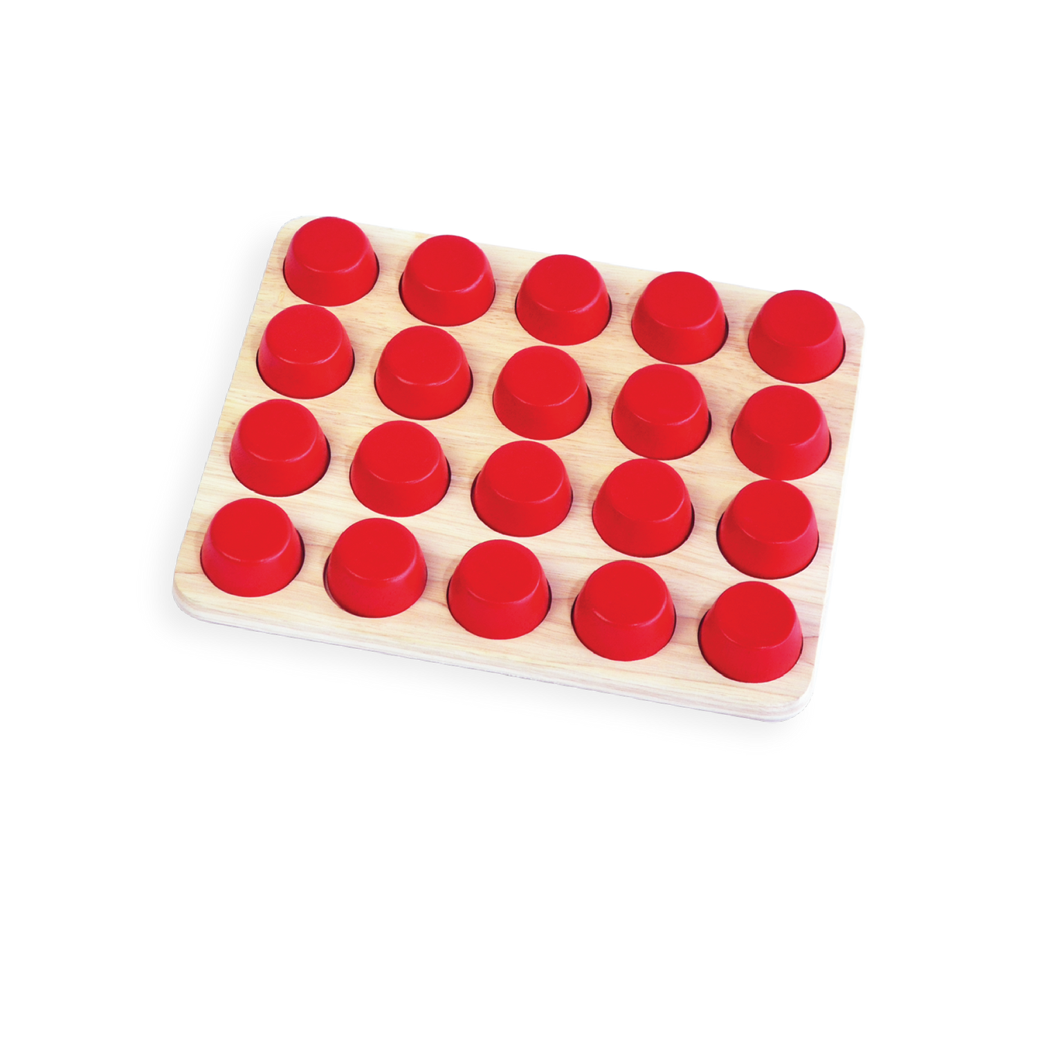Colorful beads with caps, arranged so identical pairs are never in the same place, promoting shape recognition and memory skills.